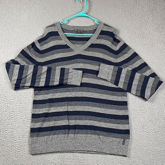 Armani Exchange Men's XL V-Neck Sweater Merino Wool Striped Gray Blue - Picture 2 of 7